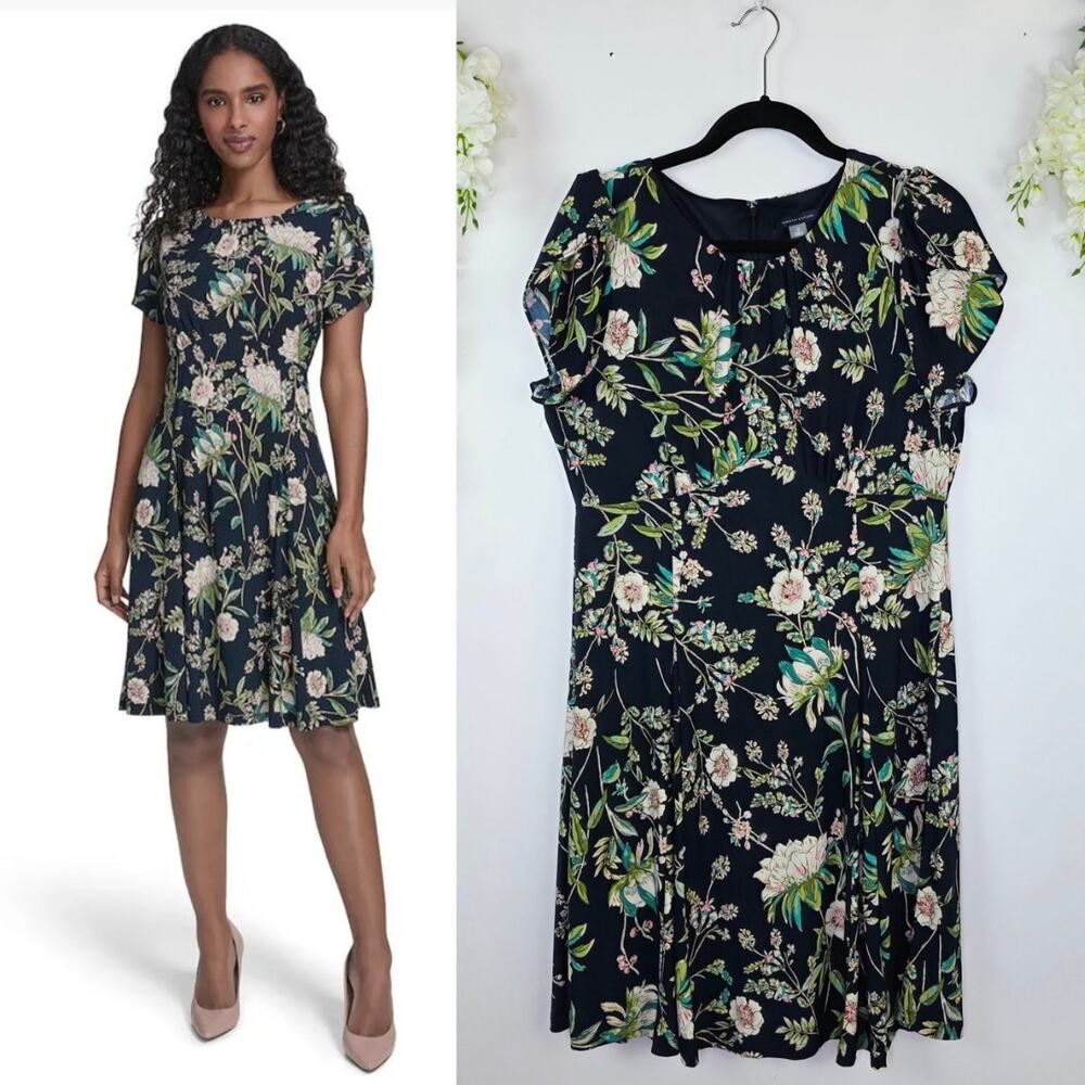Tommy Hilfiger Floral Matte Jersey Dress Size 12 Navy Tulip Sleeve Cottage 2025
